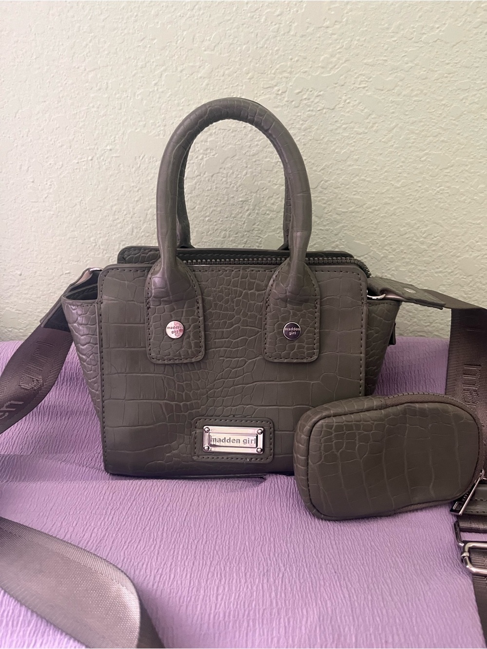 Madden Girl Olive Croc-Embossed Mini Satchel with Pouch